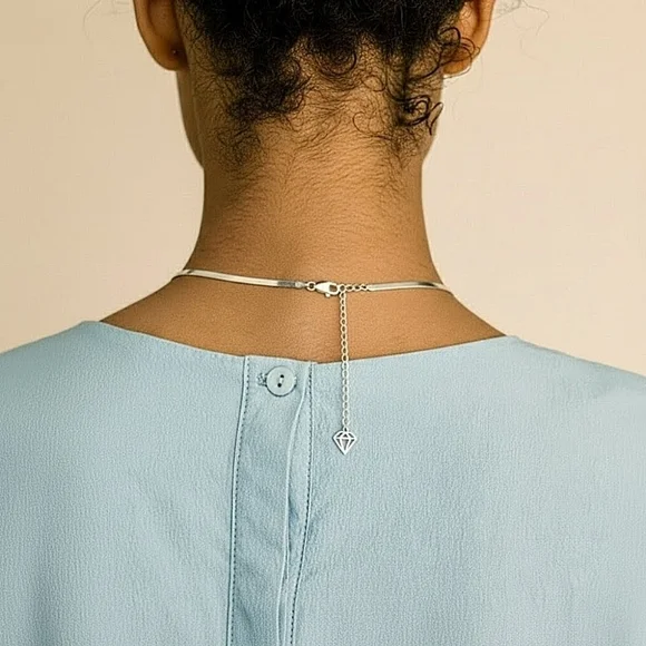 Italian Sterling Silver Reversible Herringbone Necklace with Diamond-Shaped Tag - Picture 9 of 10